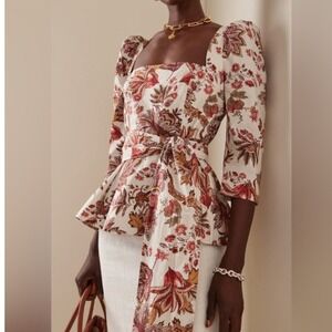 Cara Cara Lauren Square-Neck Tie-Waist Peplum Top Botanical Size 4